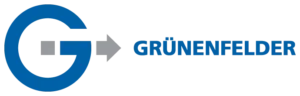 Gruenefelder Logo, a Blue capital letter G with a gray arrow coming out