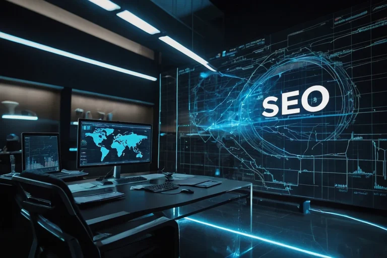 a generative office room with a screen that shows the word SEO