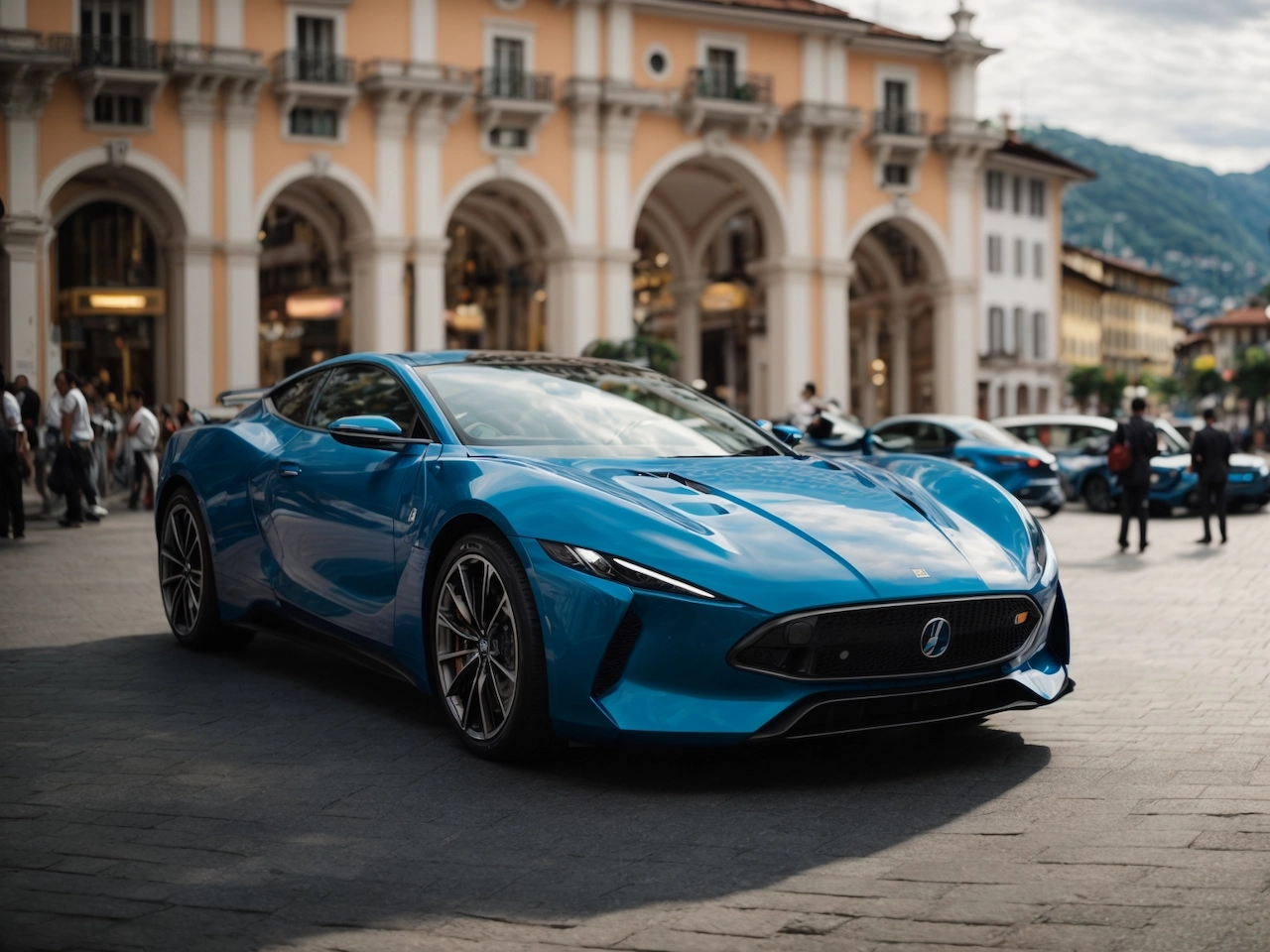 next digital blue concept car in a city similar to lugano, ai generated